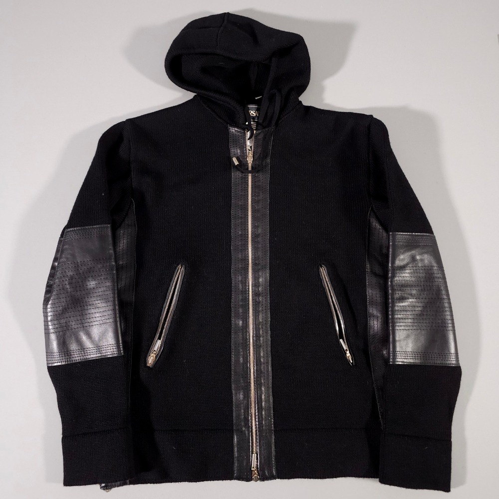 Versace Zip Hoodie Mens Medium Black Wool Leather Trim Moto Made in Italy